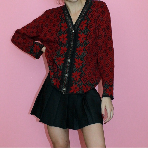 VTG 90s Red/Black Nordic Style Holiday Button-Up Cardigan Sweater Size Small - Picture 2 of 10